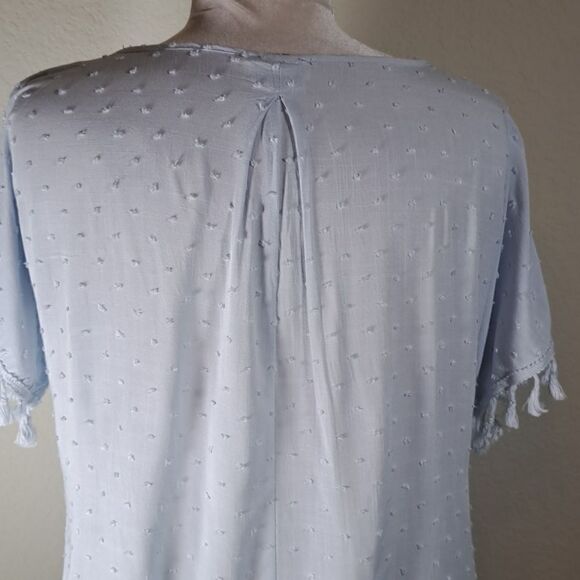 Umgee Women’s Top Powder Blue Swiss Dot Square Neckline Lace Detail Tassels Med - Picture 6 of 15
